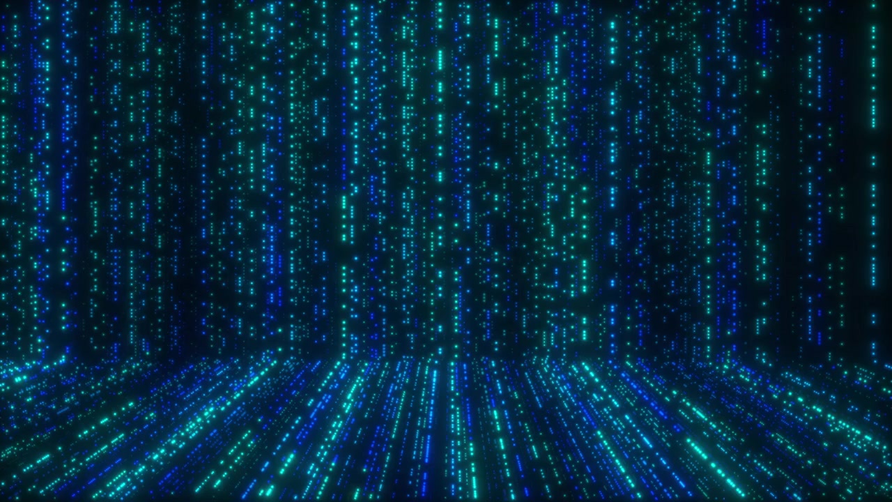 Digital datastrøm baggrund med glødende blå og grønne partikler