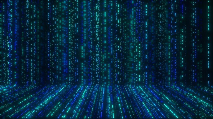 Digital Data Stream Background with Glowing Blue and Green Particles