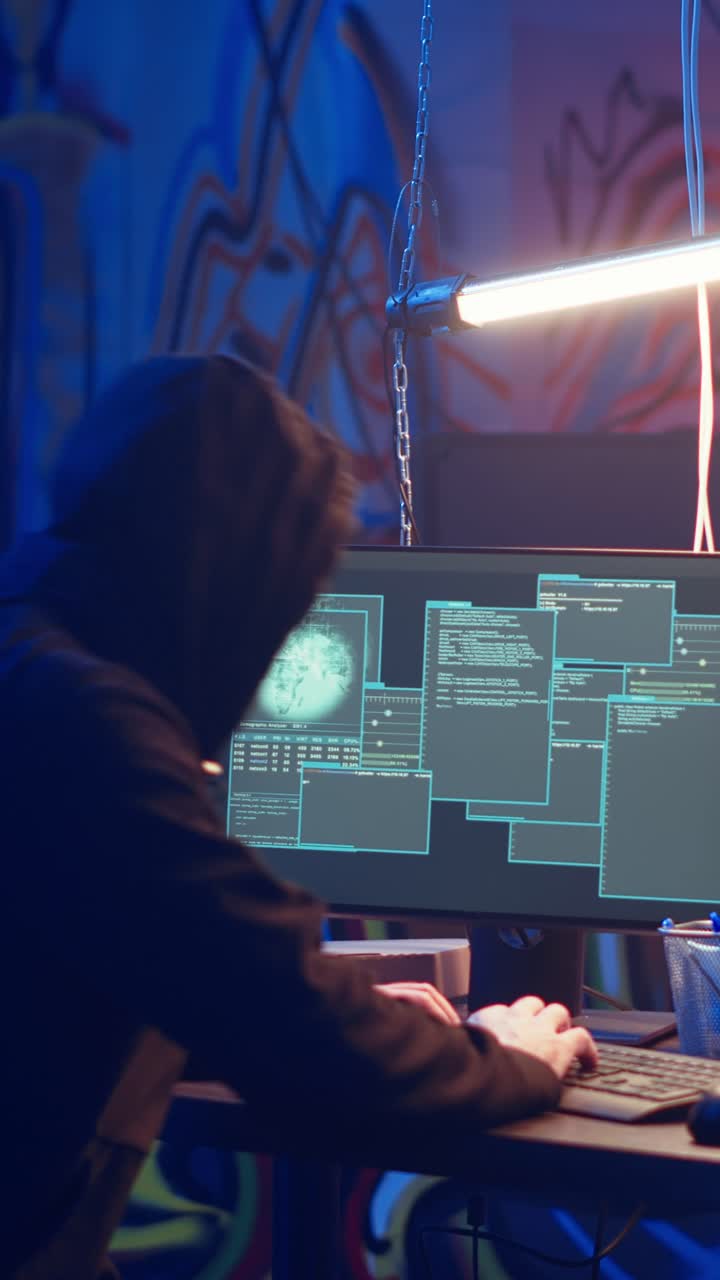 Vertical video Hooded hacker arriving in hidden underground shelter