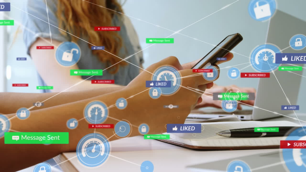 Animation of network of connections with icons over caucasian women using smartphone