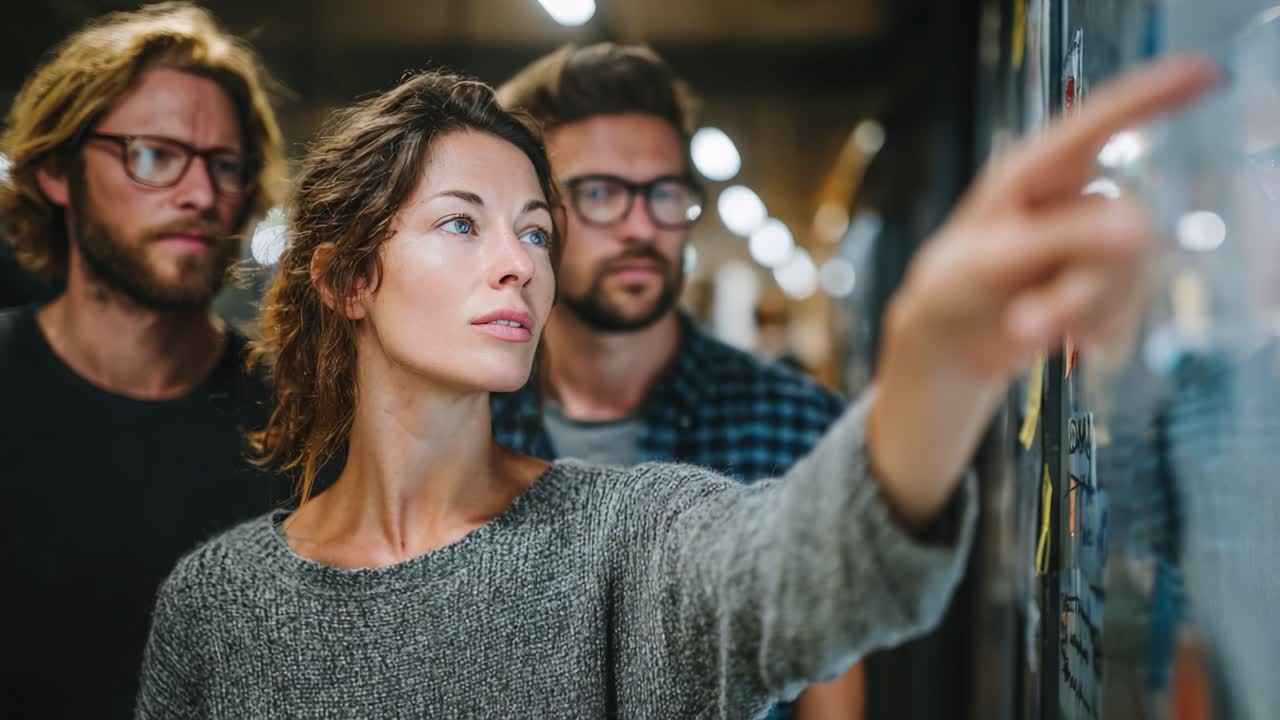 A group of young professionals engaging in a collaborative discussion, analyzing ideas and information on a wall, while a woman points to key details with intent focus