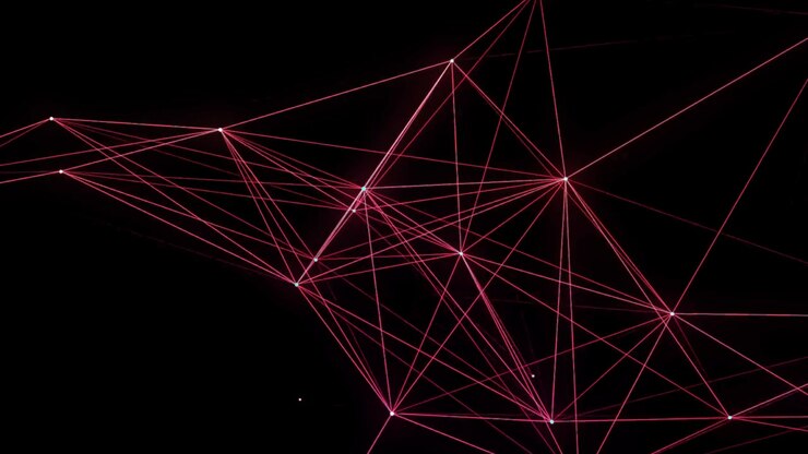 Composizione astratta con punti, linee e triangoli che si connettono. Sfondo in loop. Effetto Plexus. Struttura di connessione a rete poligonale per visualizzazione dati digitale cibernetica. Versione centrale. Tipo B