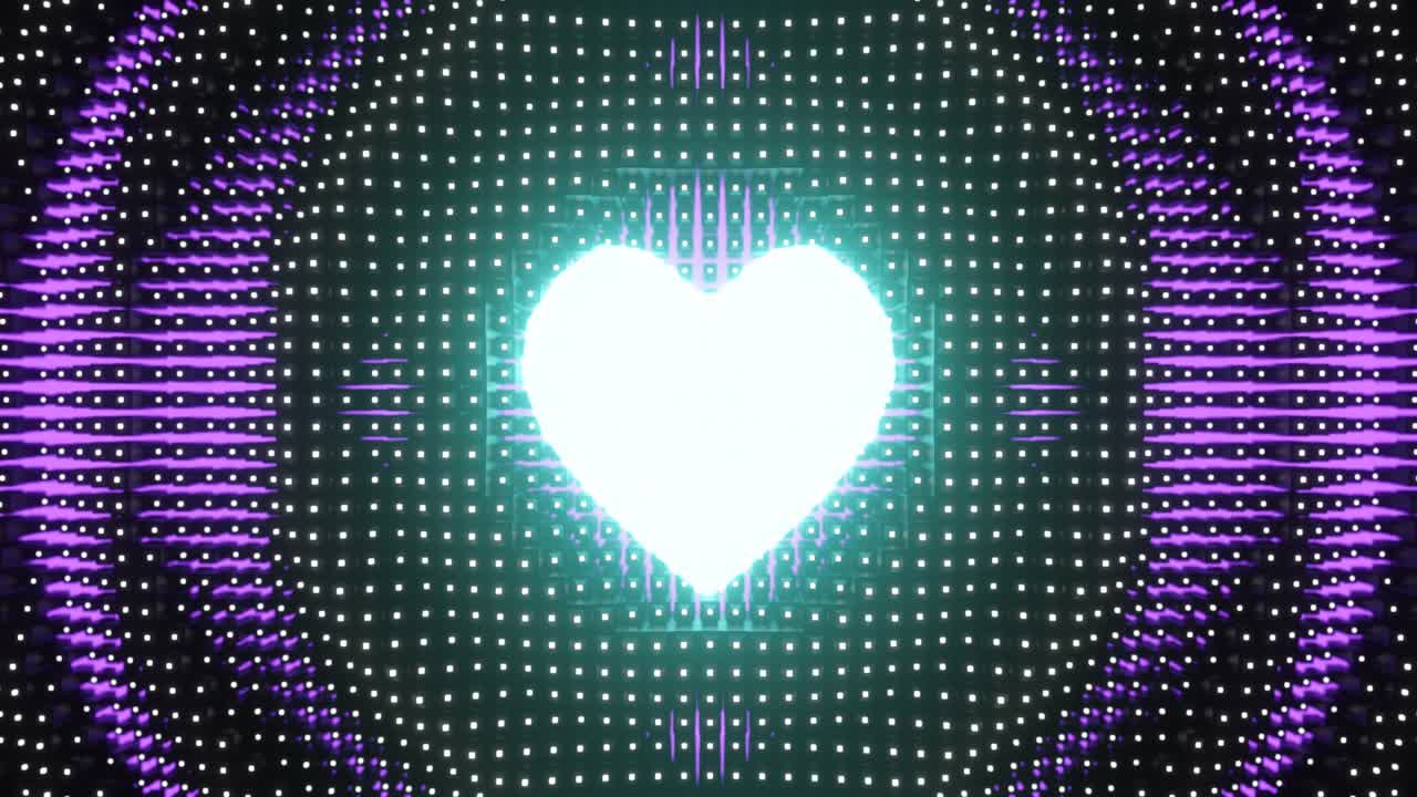 vj 루프 박동하는 심장, 원형 파동 효과, 네온 빛 빨간색과 보라색.