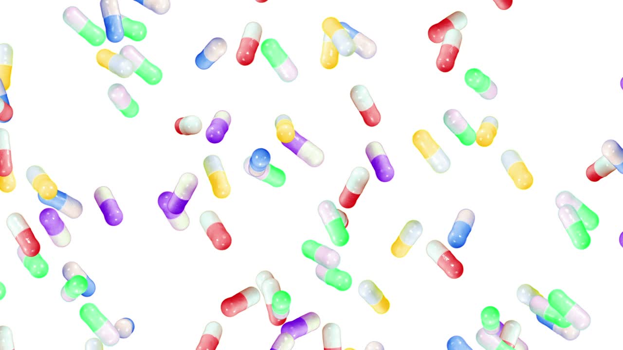 volando muchas cápsulas médicas en fondo blanco. concepto de medicina y farmacia. animación 3d de coloridas cápsulas de pastillas girando. animación de bucle.