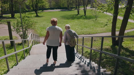 two women walking up stairs in a park