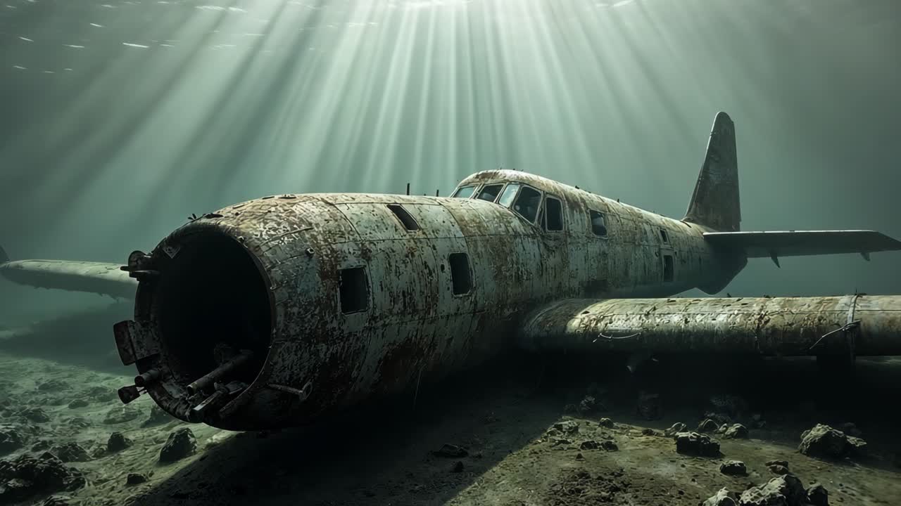 rayos de sol en un avión naufragado bajo el agua