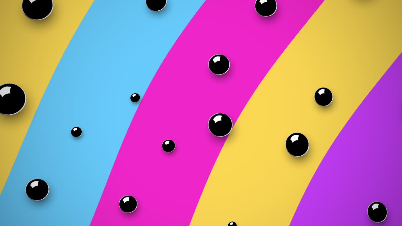Black spheres on multi colored background in 4k video.