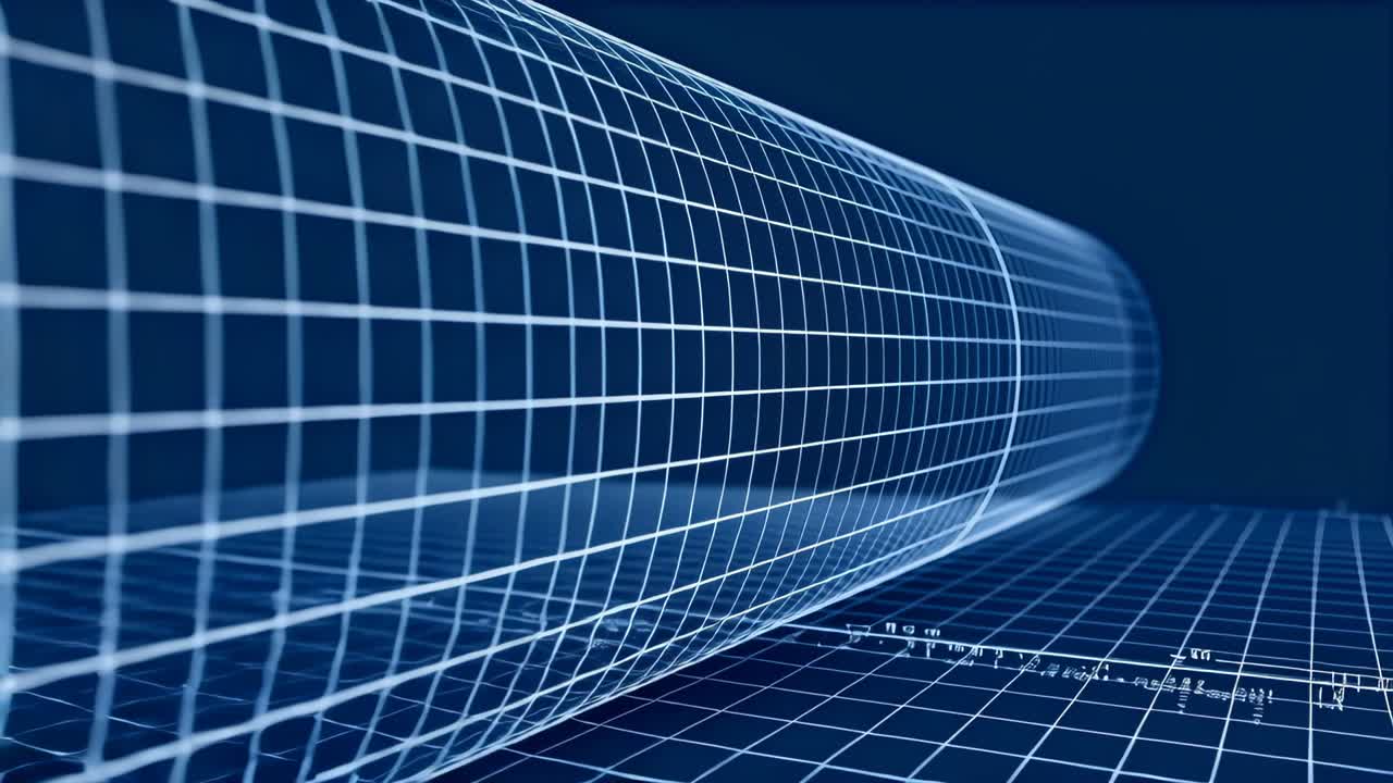 Starting forward camera pan, wireframe cylinder rolling along grid floor revealing scale ticks