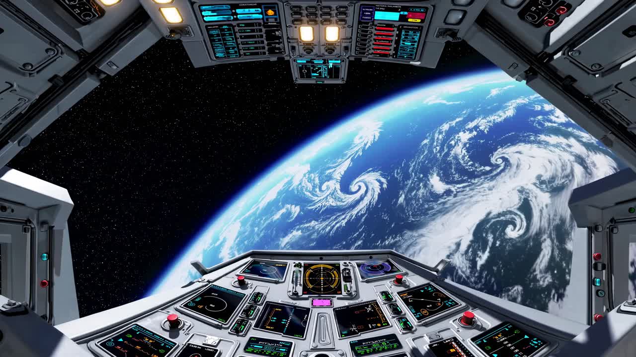 Futuristic spaceship cockpit view of Earth from space