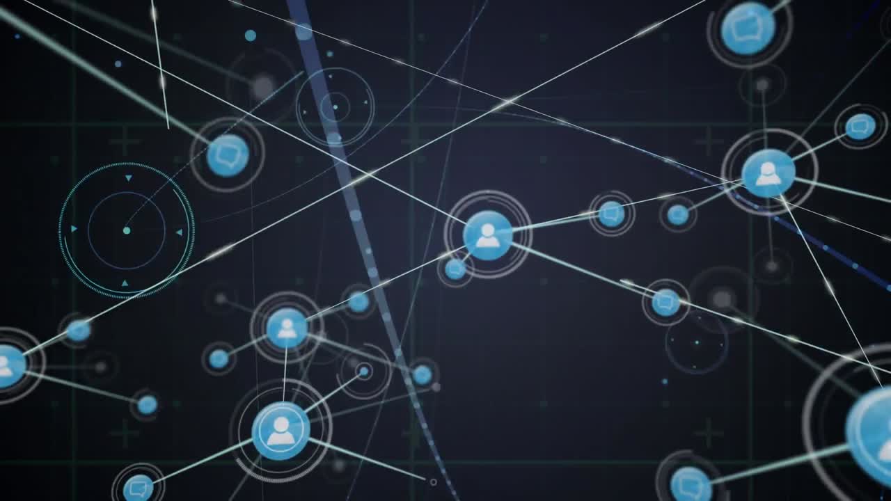 animación de la red de conexiones con iconos en fondo oscuro