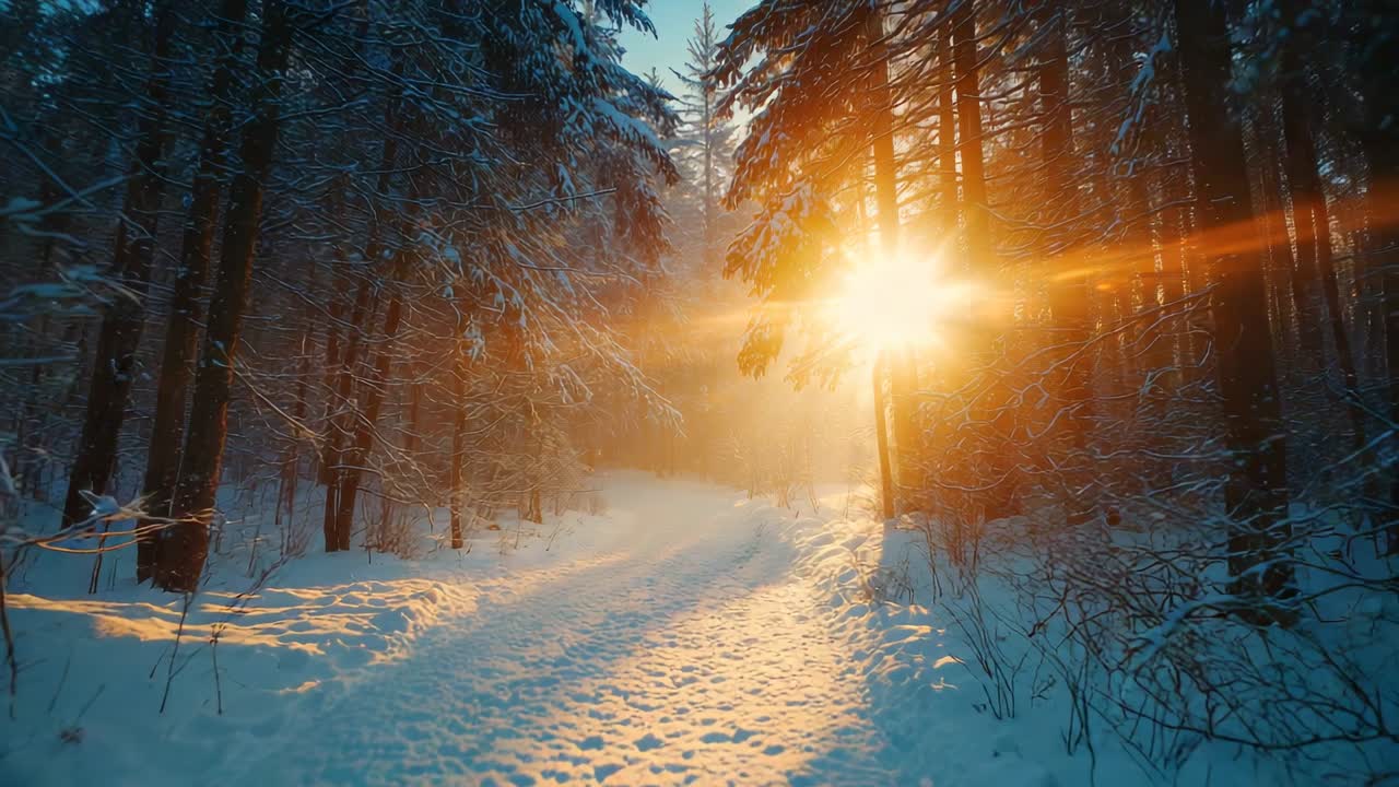 Opstigende morgensol, der oplyser en sneklædt sti i en fyrreskov ved daggry, med lens flares