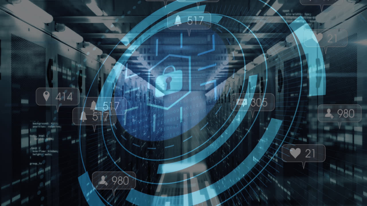 Animation of padlock icon and data processing over server room