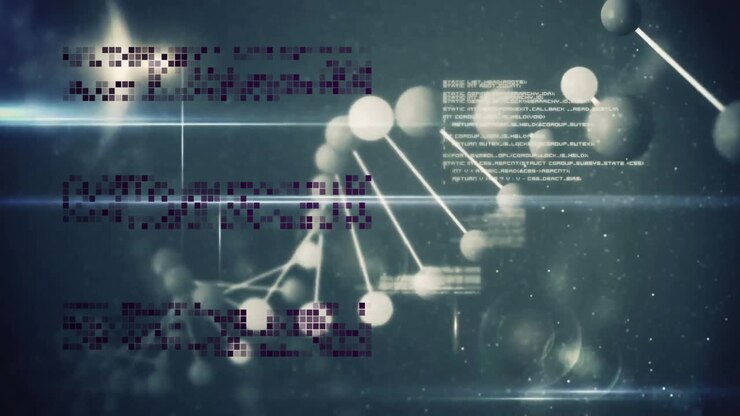 Animation of scientific data processing over dna strand on dark background