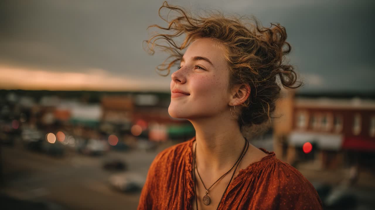 A Serene Moment: A Young Woman Embraces the Evening Breeze on a Scenic City Street, Bathed in Golden Light with a Beautifully Contemplative Expression