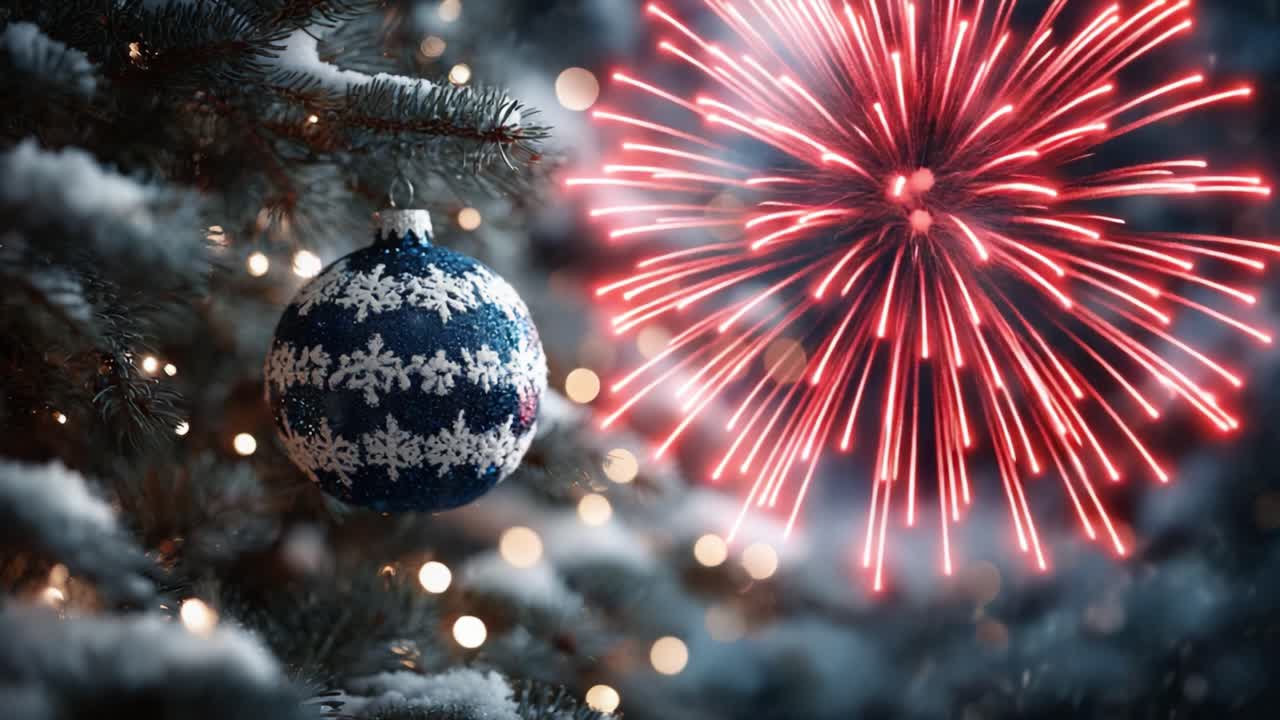 A Festive Winter Wonderland Scene Featuring a Snow-Covered Christmas Tree Ornament and Dazzling Fireworks Lighting Up the Night Sky Celebrating the Holiday Spirit