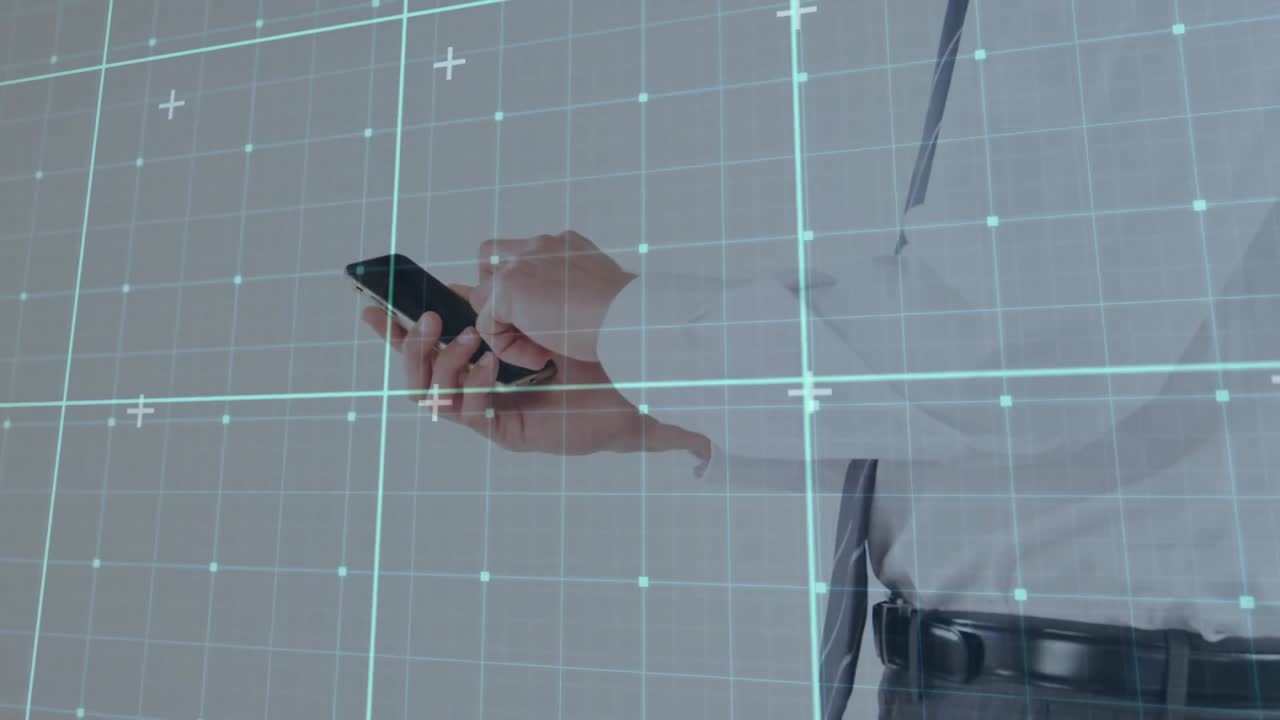 Business pro's hands initiating tap on phone screen then swiping on neon grid navigating app UI