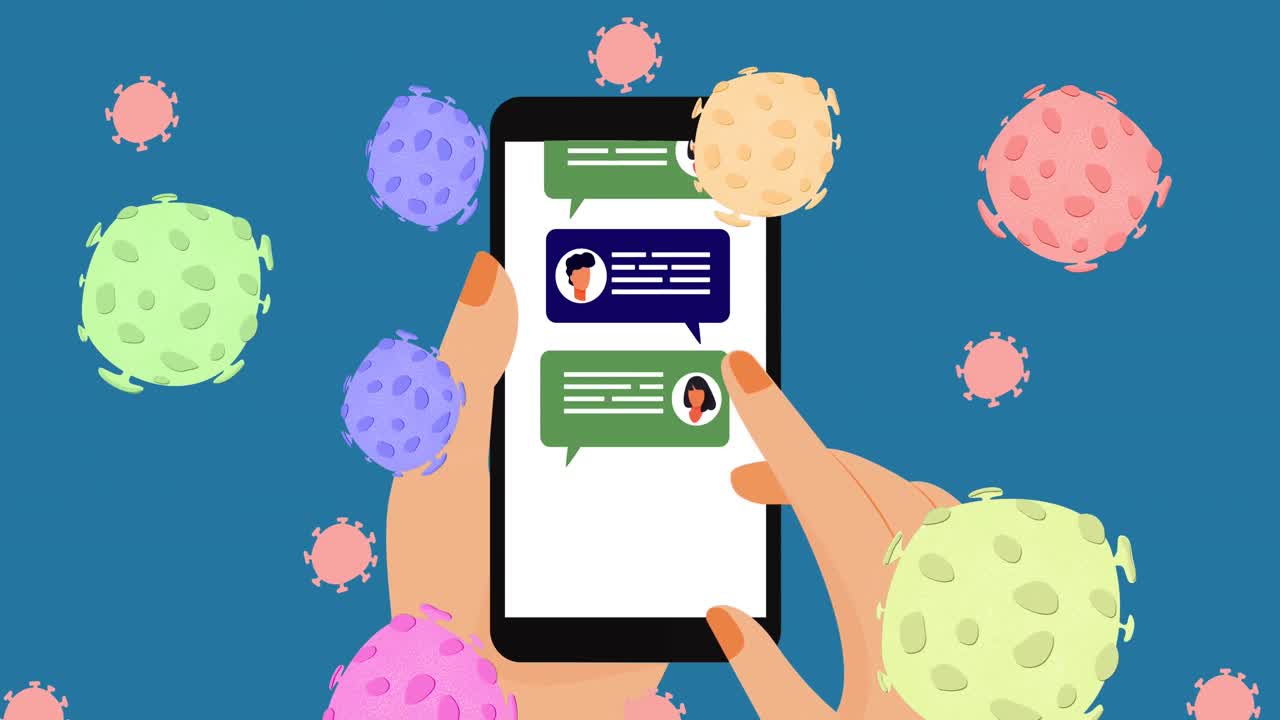 animación digital de células de covid-19 flotando sobre la mano usando un teléfono inteligente contra un fondo azul