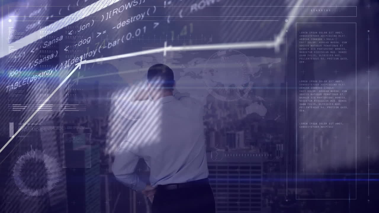 Analyzing data with coding and animation, businessman over cityscape background