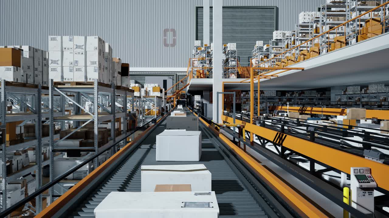 Loop Transmitting Of Packaging Box On The Conveyor Belt, 3D Rendering. Cardboard Boxes In A Large Scale Smart Distribution Warehouse, Production Line