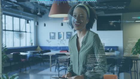 animation of data processing over african american woman using digital tablet and smiling at office