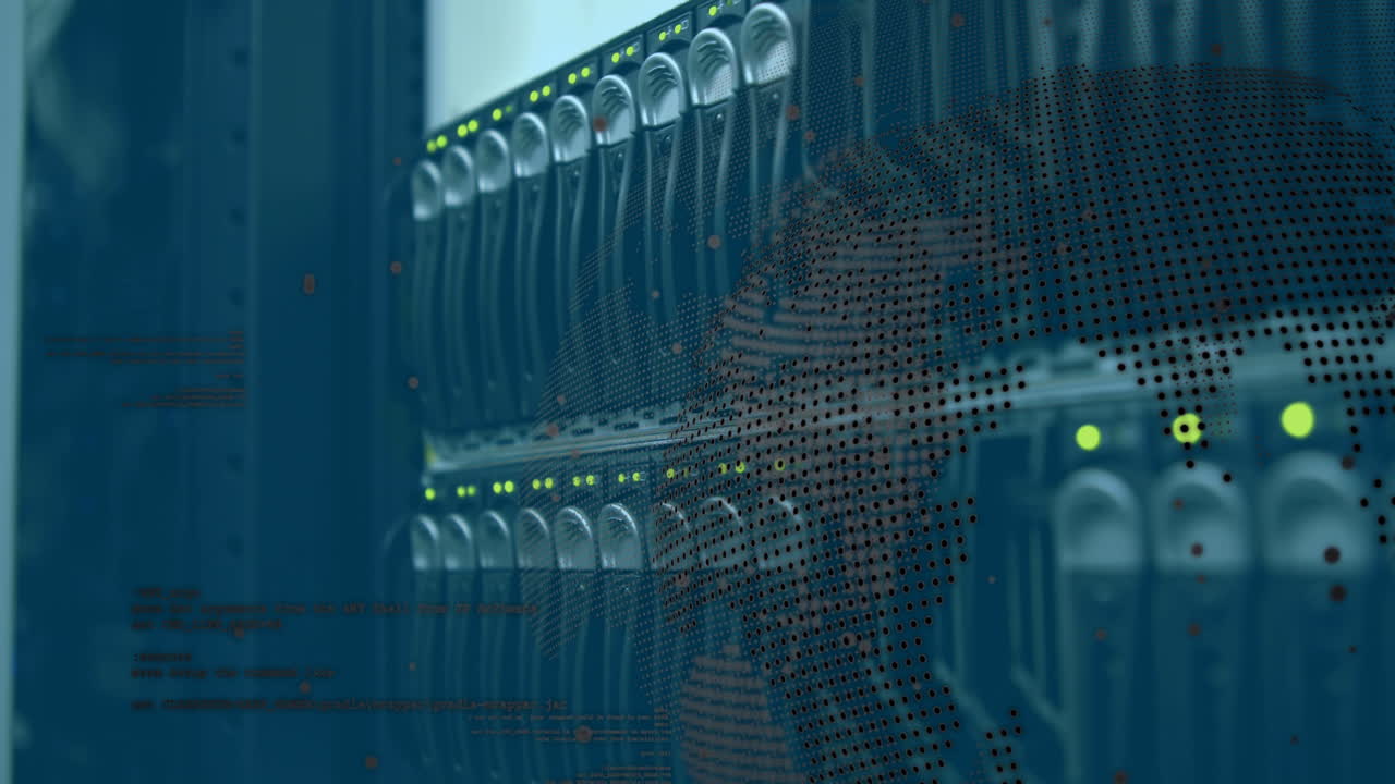 Data processing over spinning globe against close up of a computer server