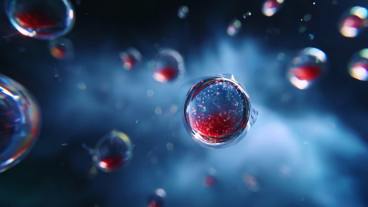 Close-Up Visuals of Floating Spheres Containing Red Liquid Against a Mysterious Blue-Gray Background, Emphasizing Depth and Dimension in a Sci-Fi Setting