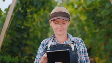 Woman-Farmer-Uses-A-Tablet-Against-The-Background-Of-A-Well-Maintained-Vineyard