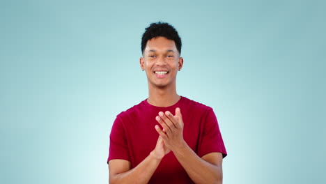 happy man, applause and pointing to you in studio