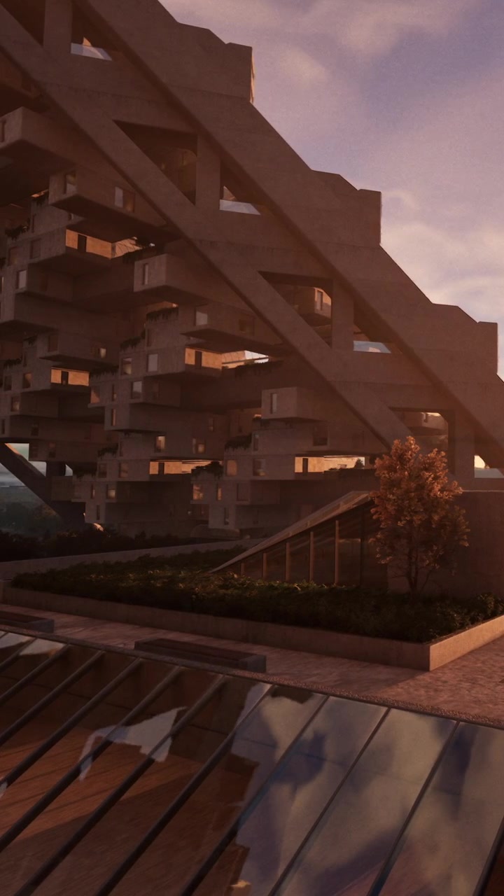 Design di architettura moderna in un contesto urbano al tramonto con luce calda