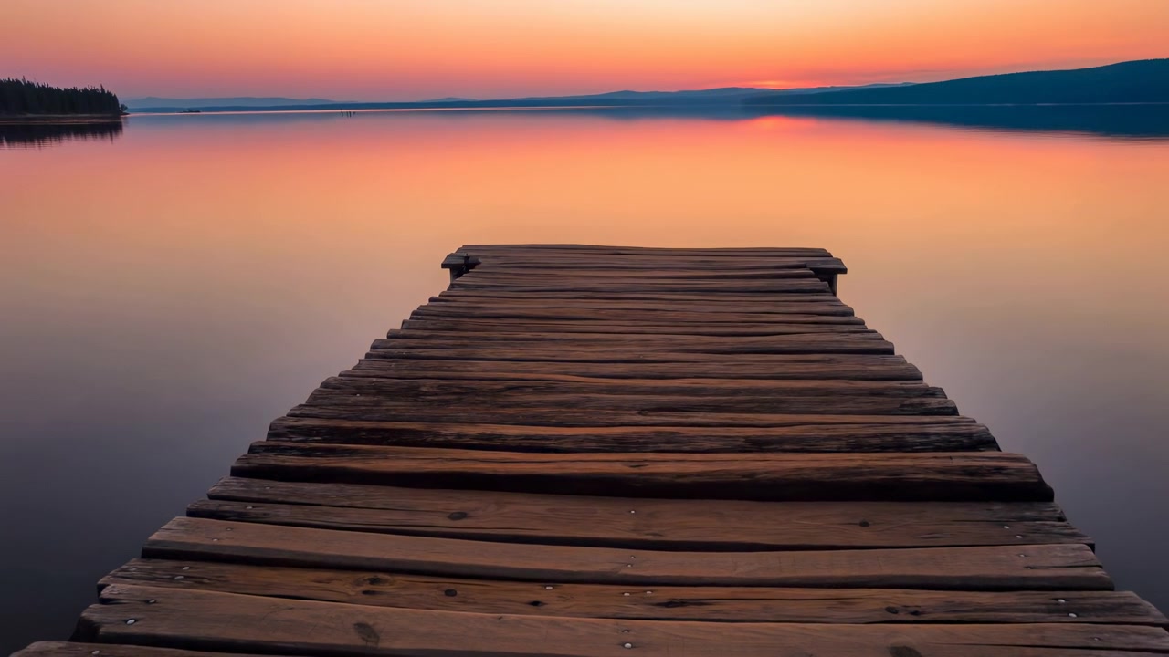 Middle frame shows a weathered wooden pier extending toward the horizon across a calm lake