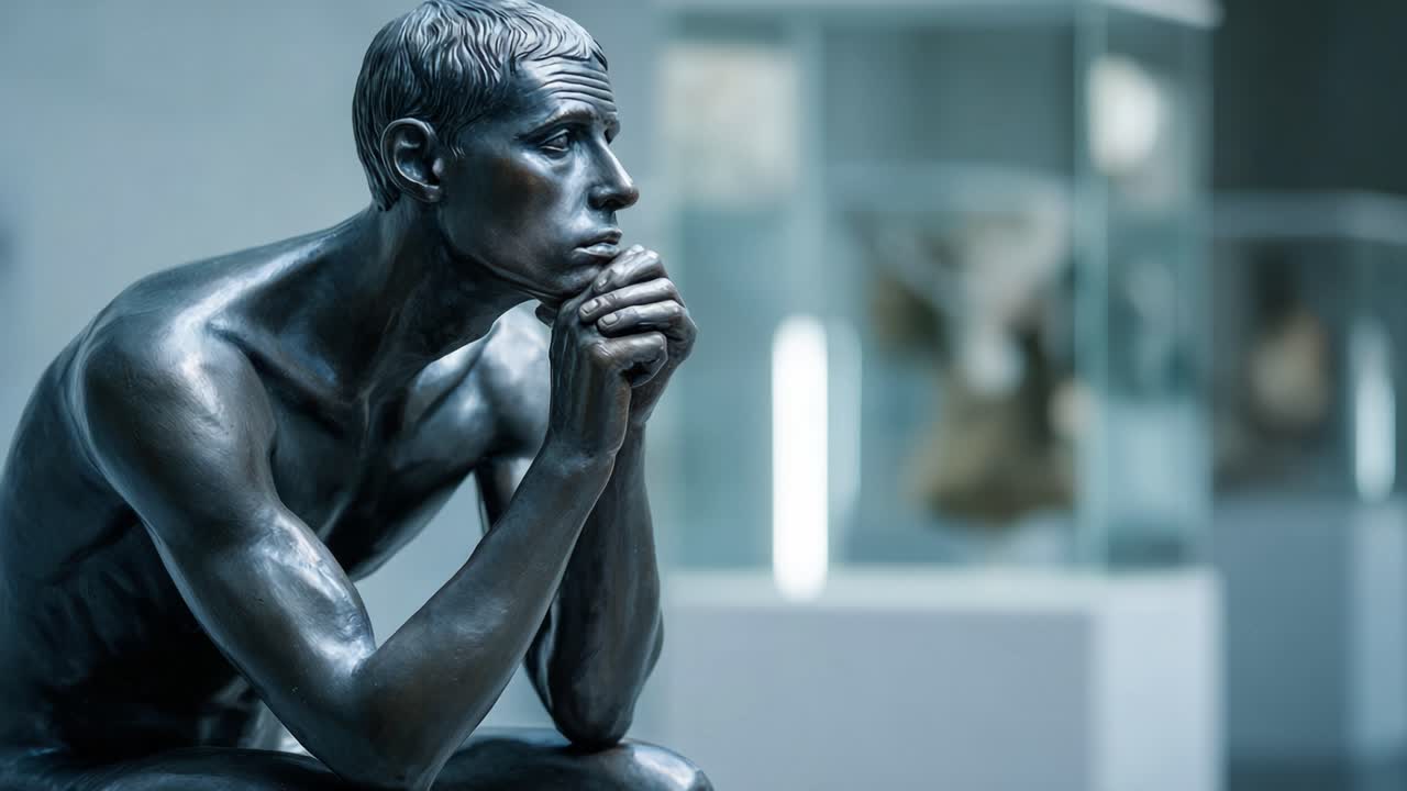 Captivating Sculpture of a Pensive Figure in an Exhibition Space, Eliciting Emotions of Thought and Reflection, Showcasing Artistry and Craftsmanship