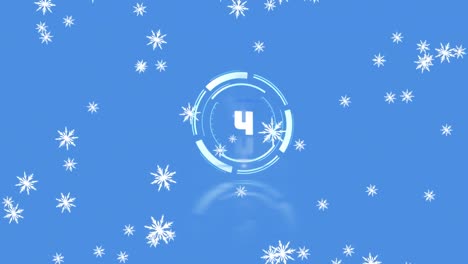 Animation-of-clock-over-snow-falling-on-blue-background