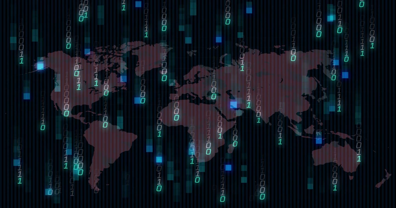 Opening striped backdrop starting binary streaming over world map shifting to red visualizing data