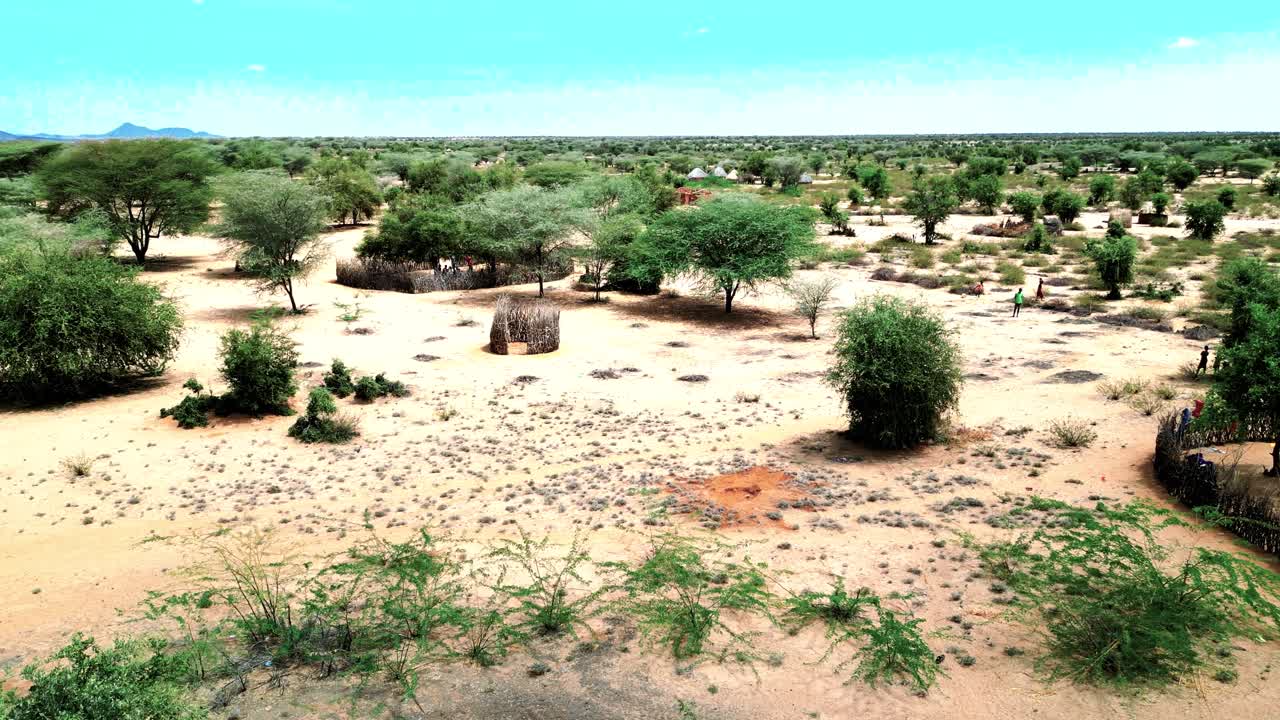 A drone shot of an African village in Northern Kenya