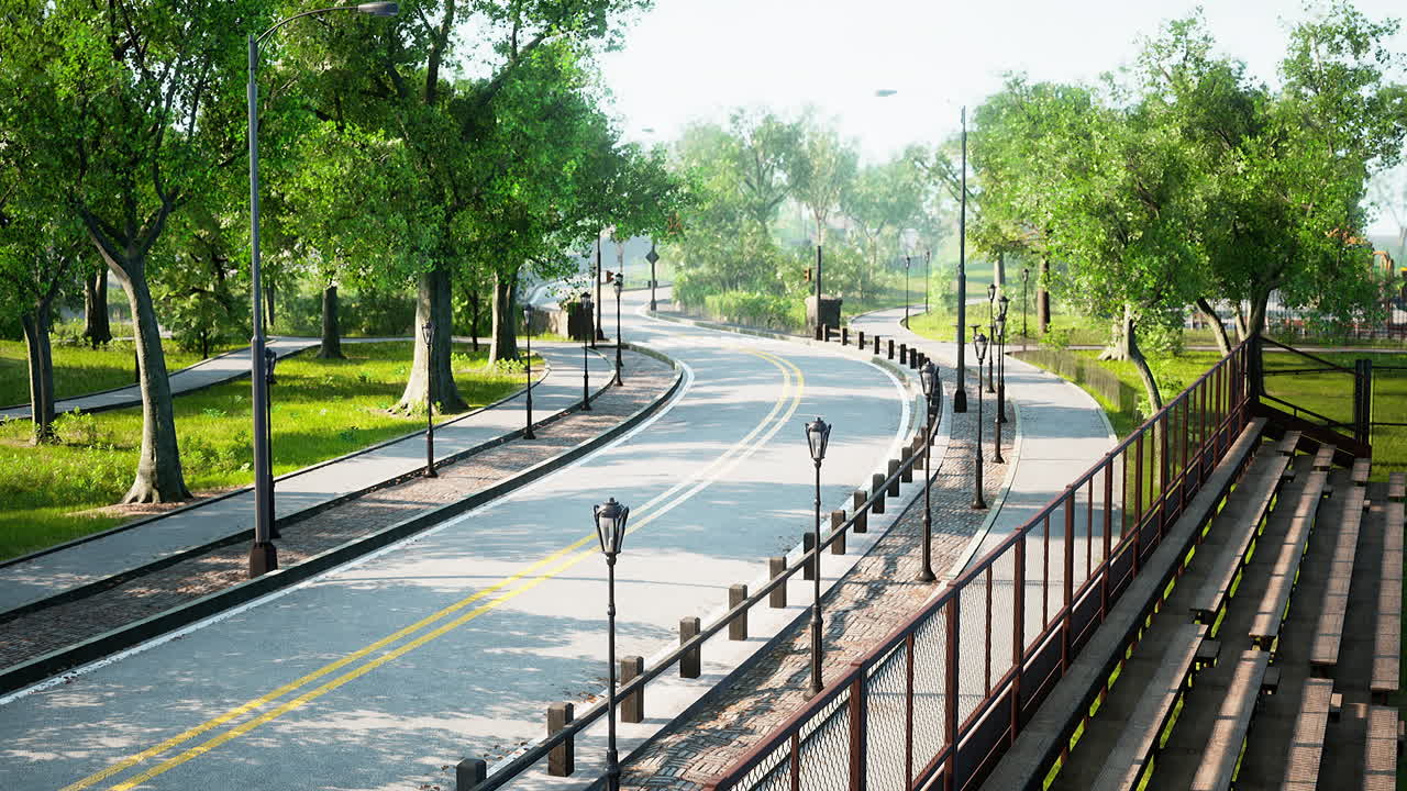 아스팔트 도로 와 공원 에 있는 푸른 나무 들