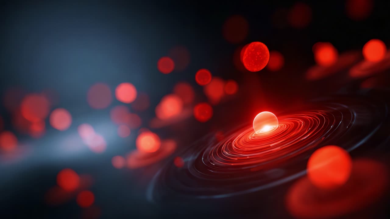 Abstract representation of energetic particles in red hues creating dynamic motion and depth within an intriguing cosmic background of swirling patterns