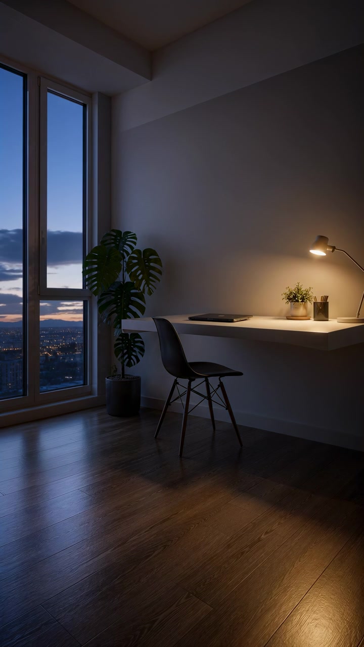 La vista interna statica mostra una scrivania e una sedia compatte accanto a finestre a tutta altezza, con piante in vaso e una piccola lampada che emana una luce calda mentre la luce del giorno svanisce sulle colline e sugli edifici distanti