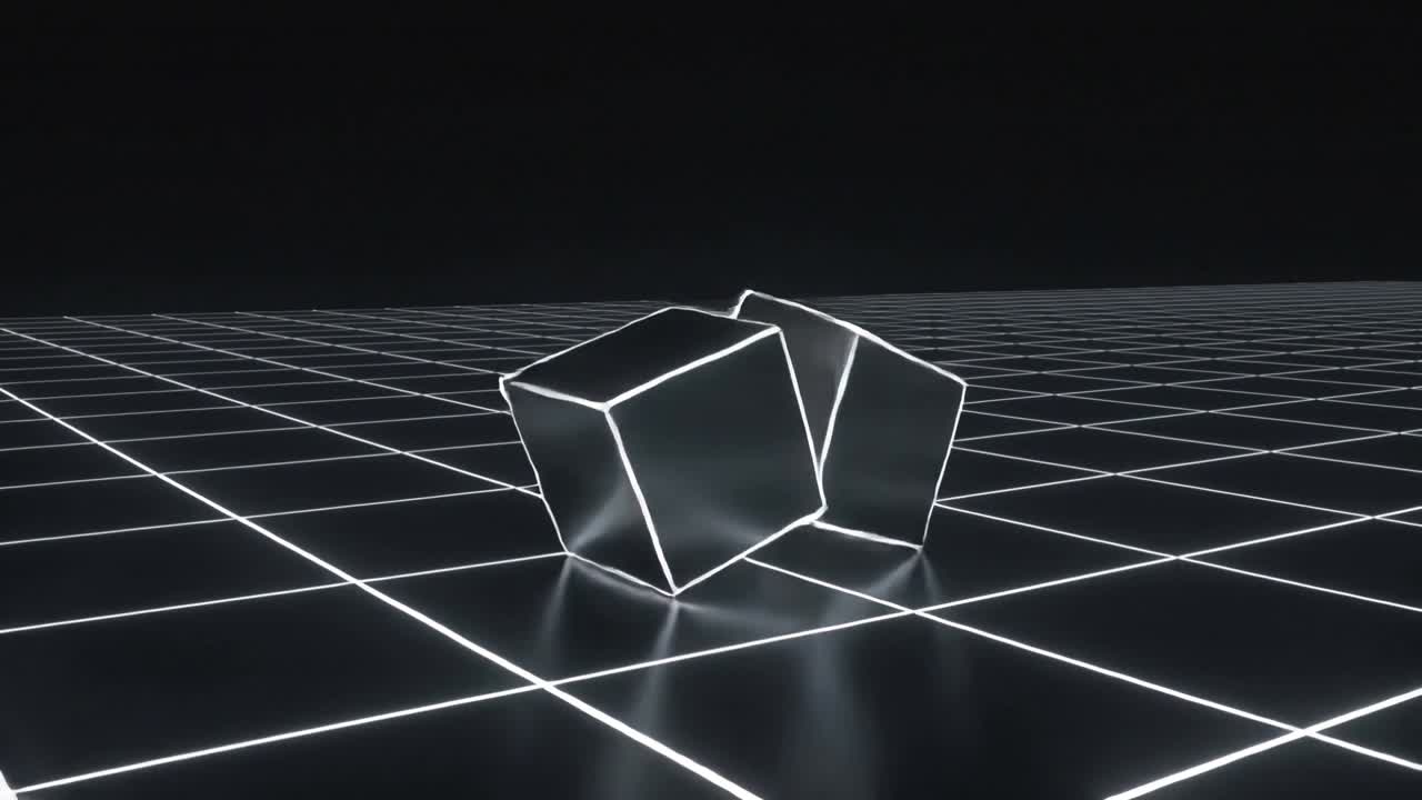 Tipping from slight tilt, two neon cubes rolling across lit grid, colliding into bright sphere