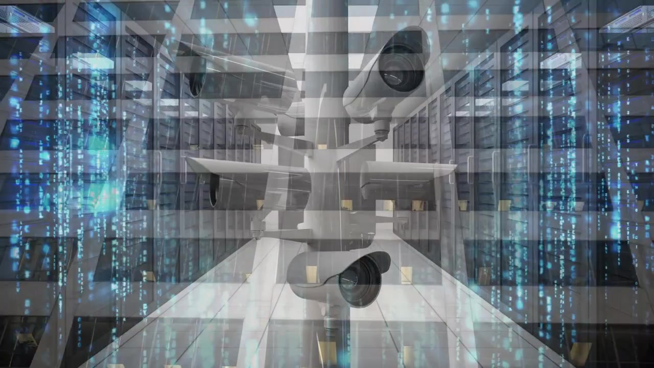 Animazione di telecamere di sicurezza su elaborazione dati e server.