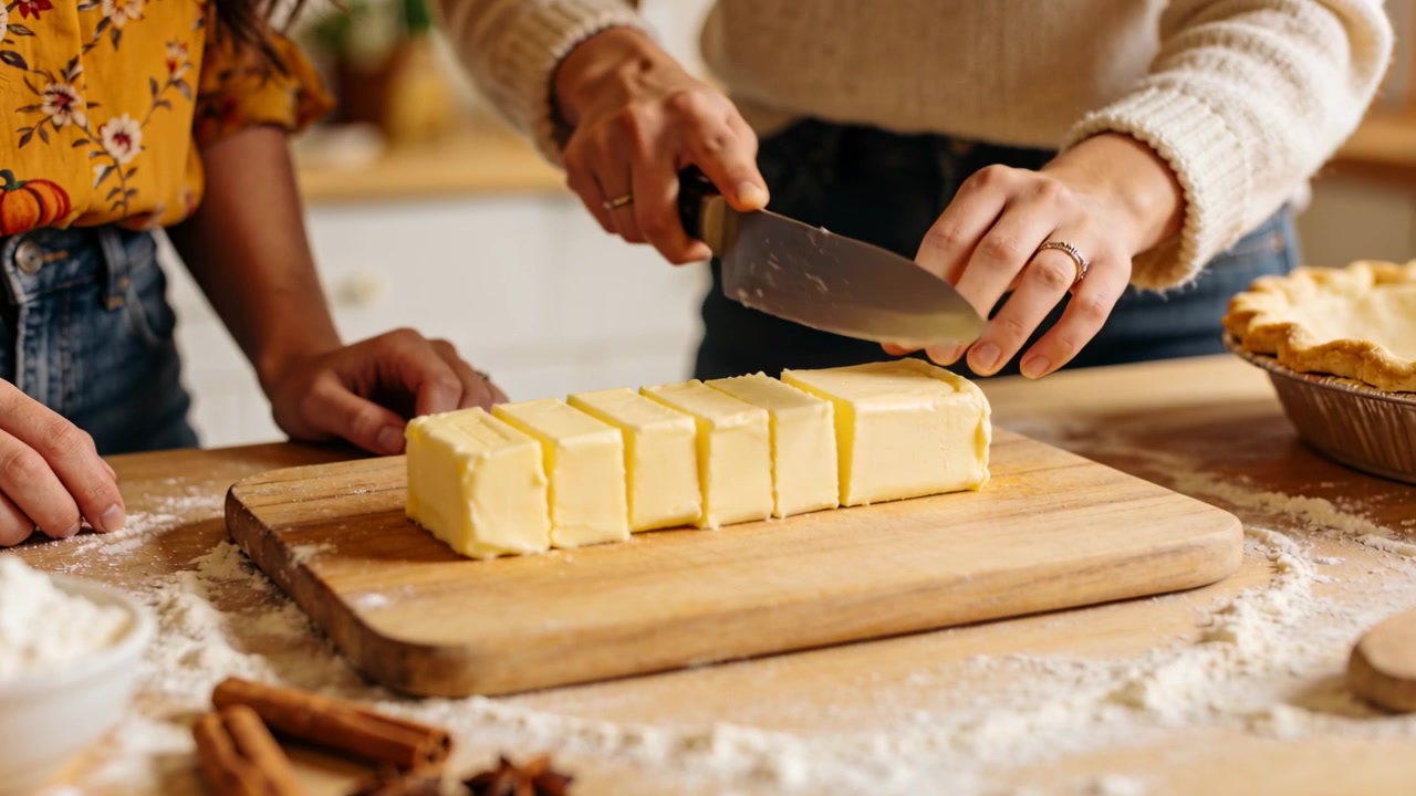 Un adulto con un maglione taglia il burro a cubetti sul bancone della cucina con un coltello da chef, mentre prepara una torta