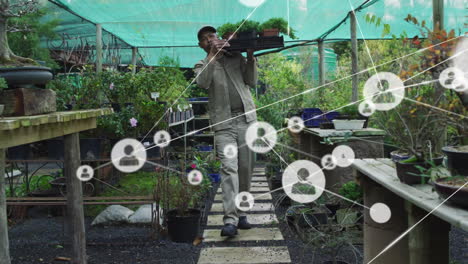 network of connections animation over person carrying plant in garden