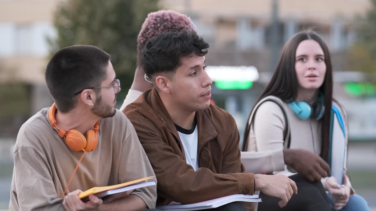Serious group of students sitting and chatting relaxed together outdoors