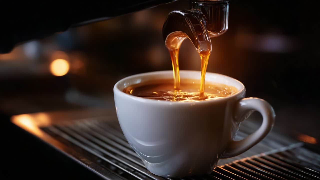 A Steaming Cup of Brewed Perfection: The Art of Espresso Extraction Captured in Two Stunning Frames Showcasing Rich Aromas and Flavors as Coffee Falls Gracefully into a White Ceramic Mug