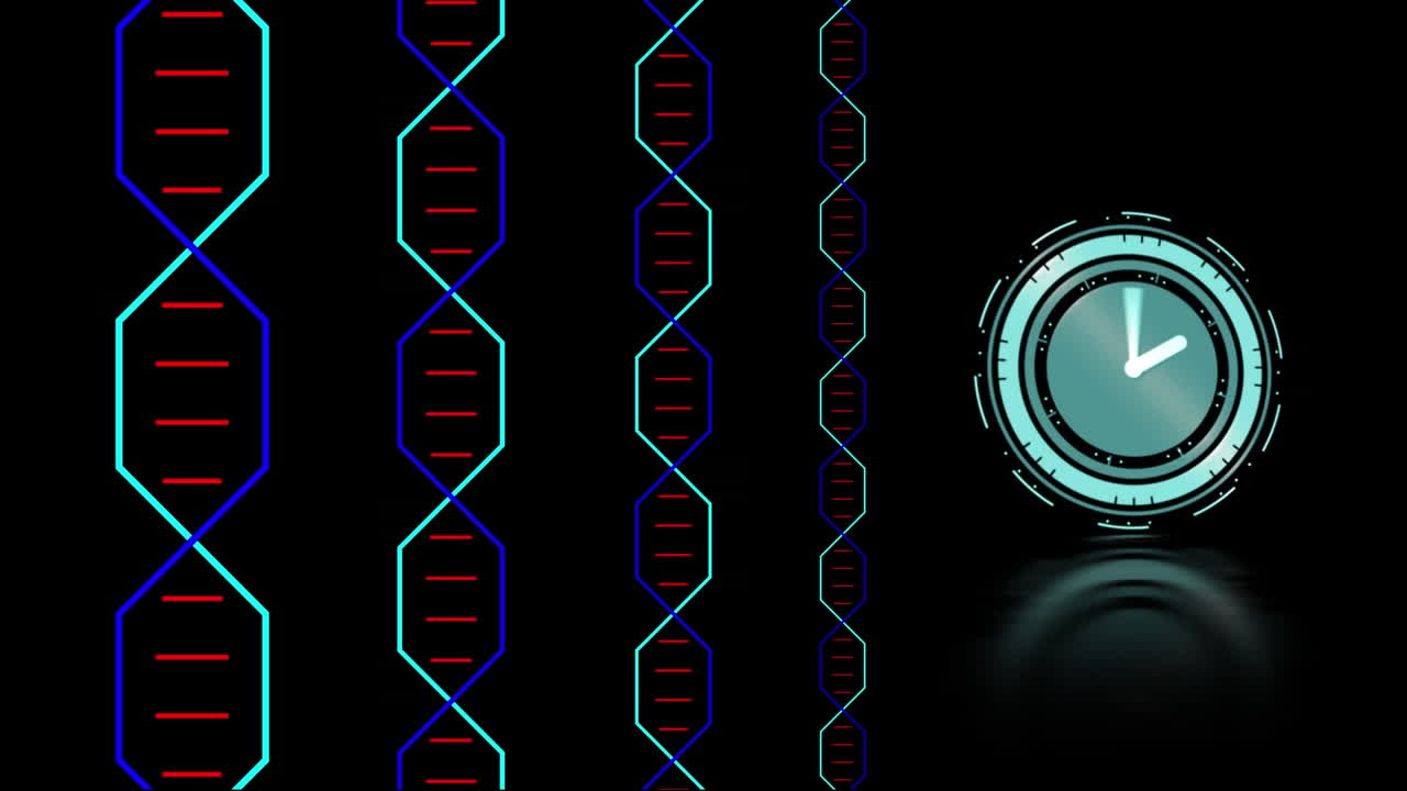 animación de un reloj que se mueve sobre cadenas de adn sobre un fondo negro