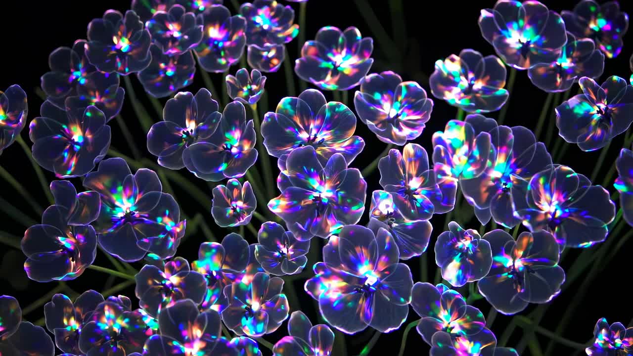 Top-down video shot of iridescent flowers glowing in the dark, showcasing a vibrant, kaleidoscopic
