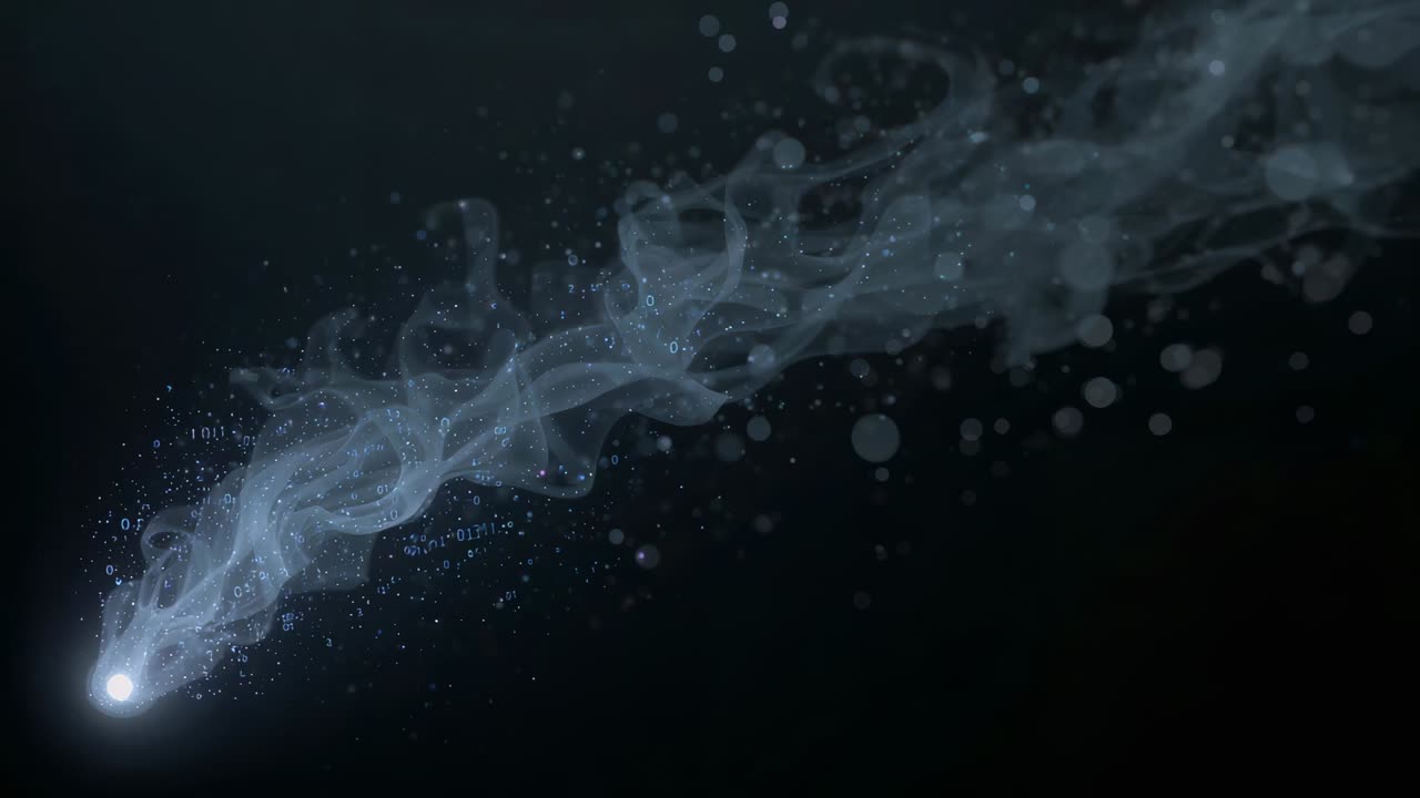 Small bright orb emitting smoky plume in dark void, forming speck-and-bokeh comet trail