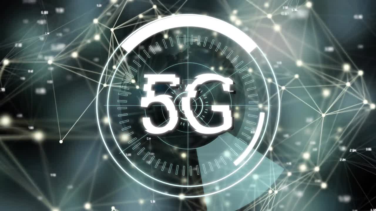 testo 5g su scanner rotondi contro una rete di connessioni e un globo rotante su sfondo nero