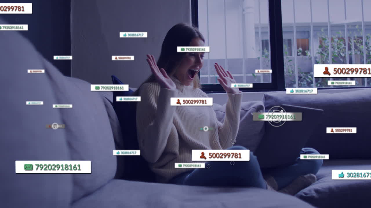 On couch, person surrounded by animated notifications and messages, feeling excited