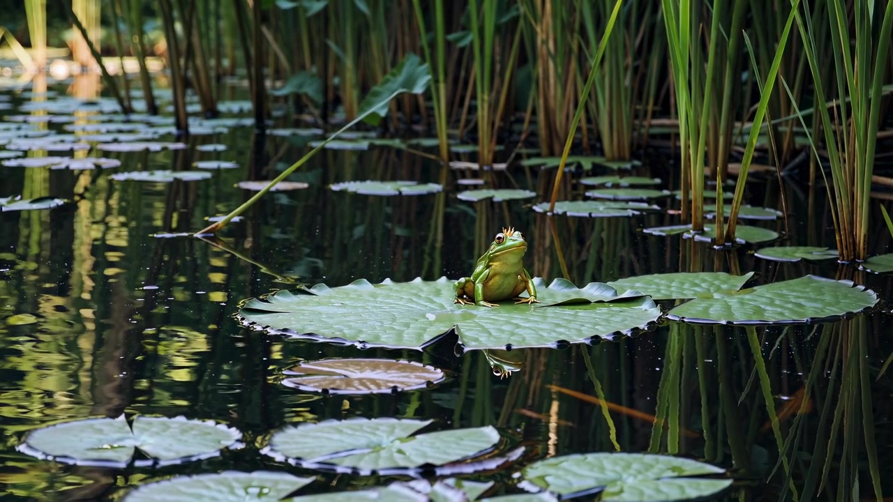 Green Frog Resting on a Lily Pad in a Pond