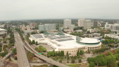 circling aerial shot over the portland convention centre